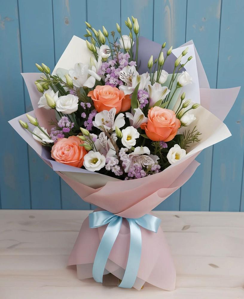 Букет цветов из: Лизиантусы, Розы, Альстромерии и Гипсофила в Борисово