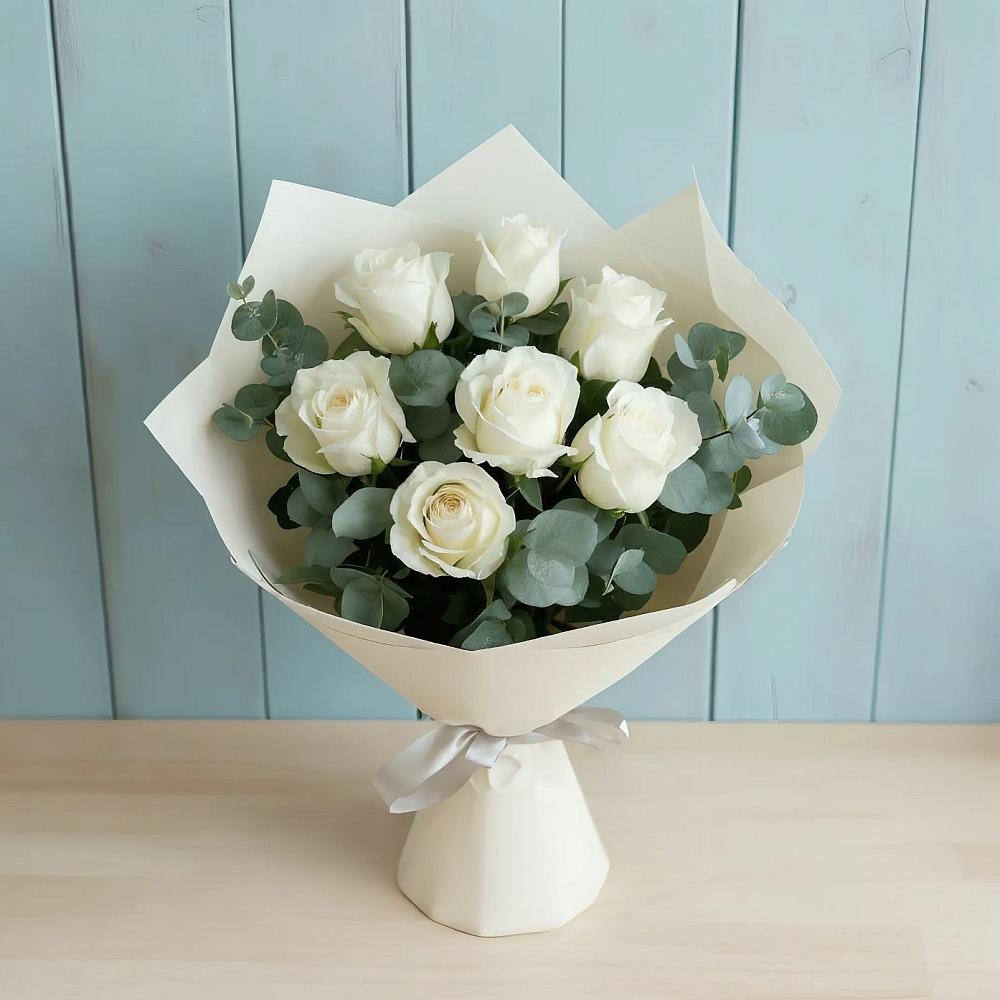 Букет Белые розы в Эвкалипте в Борисово
